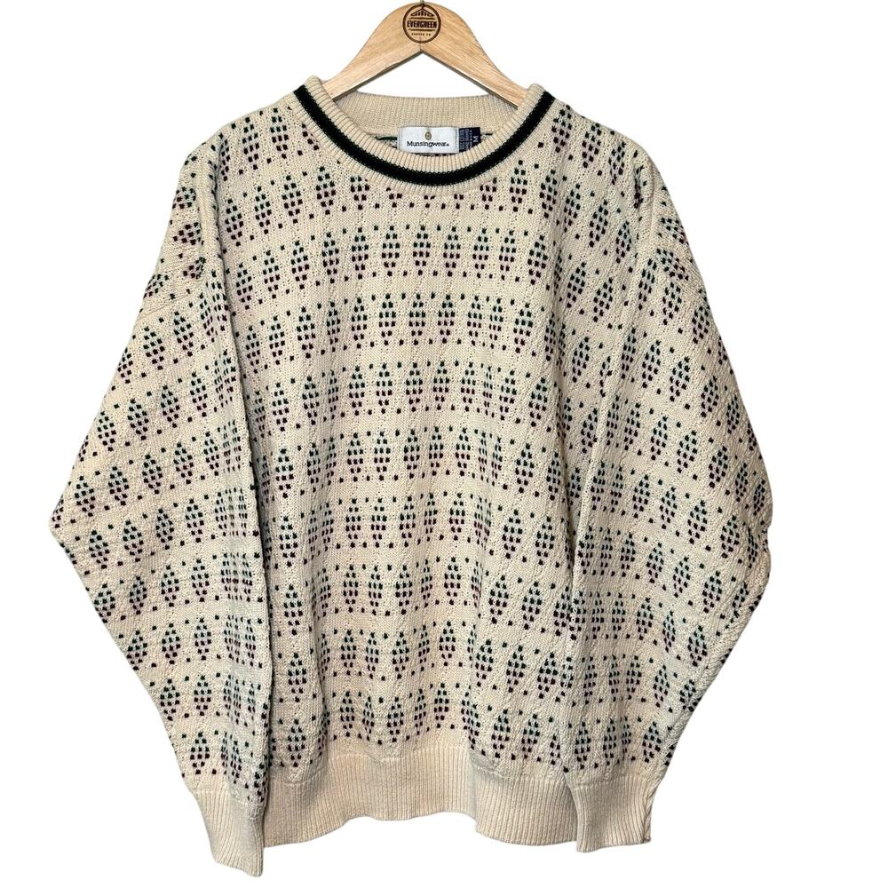 VTG Sweater 100% Cotton Hand Framed 90s Cream Made USA Munsingwear Unisex Medium